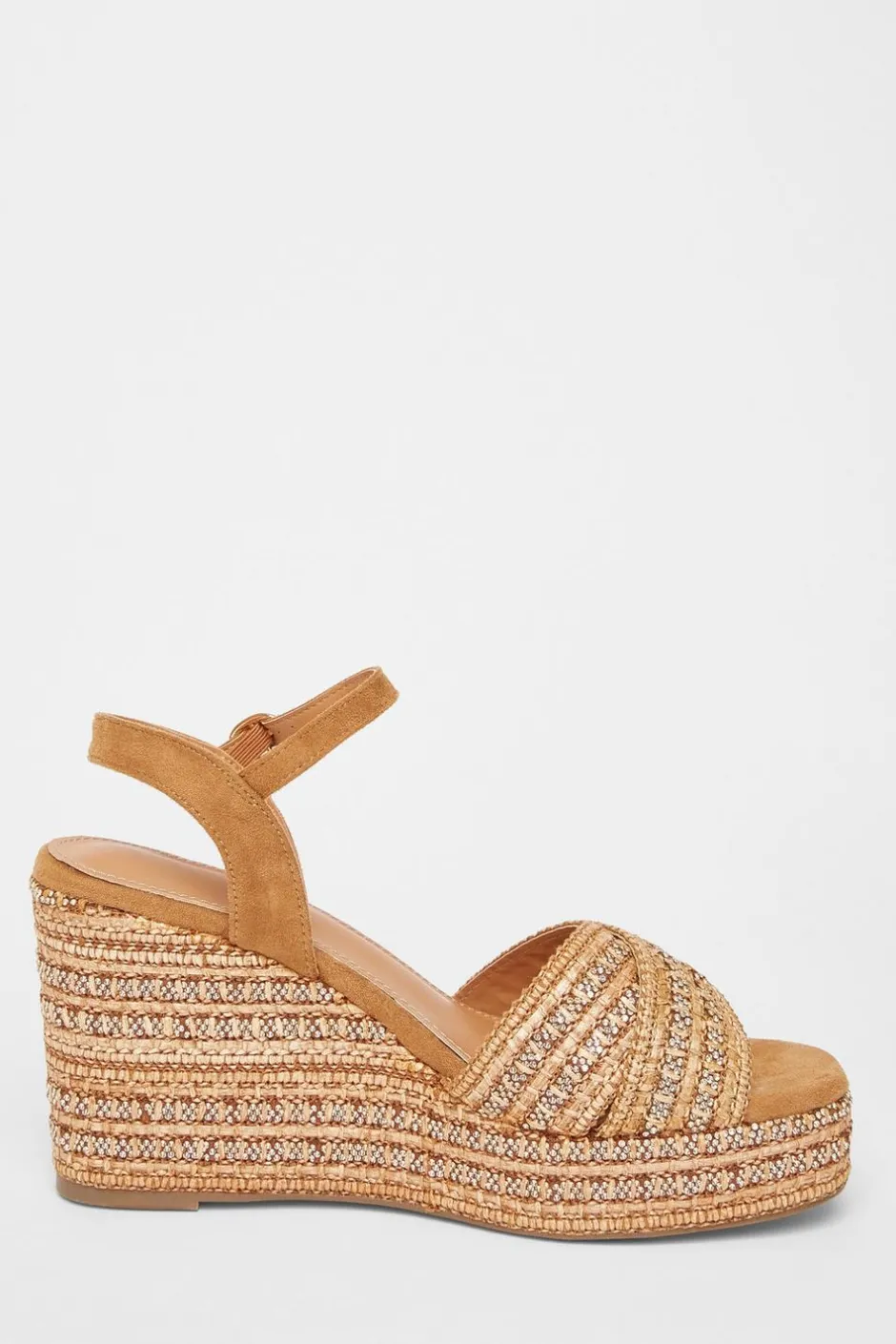 Quiz Cross Strap Embellished Wedges Camel New