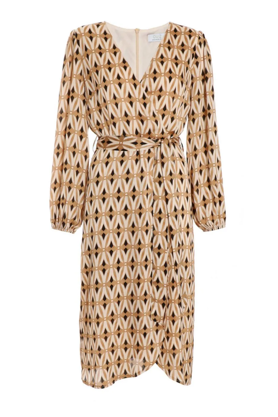 Quiz Camel Geometric Print Wrap Midi Dress New