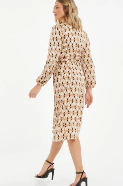 Quiz Camel Geometric Print Wrap Midi Dress New
