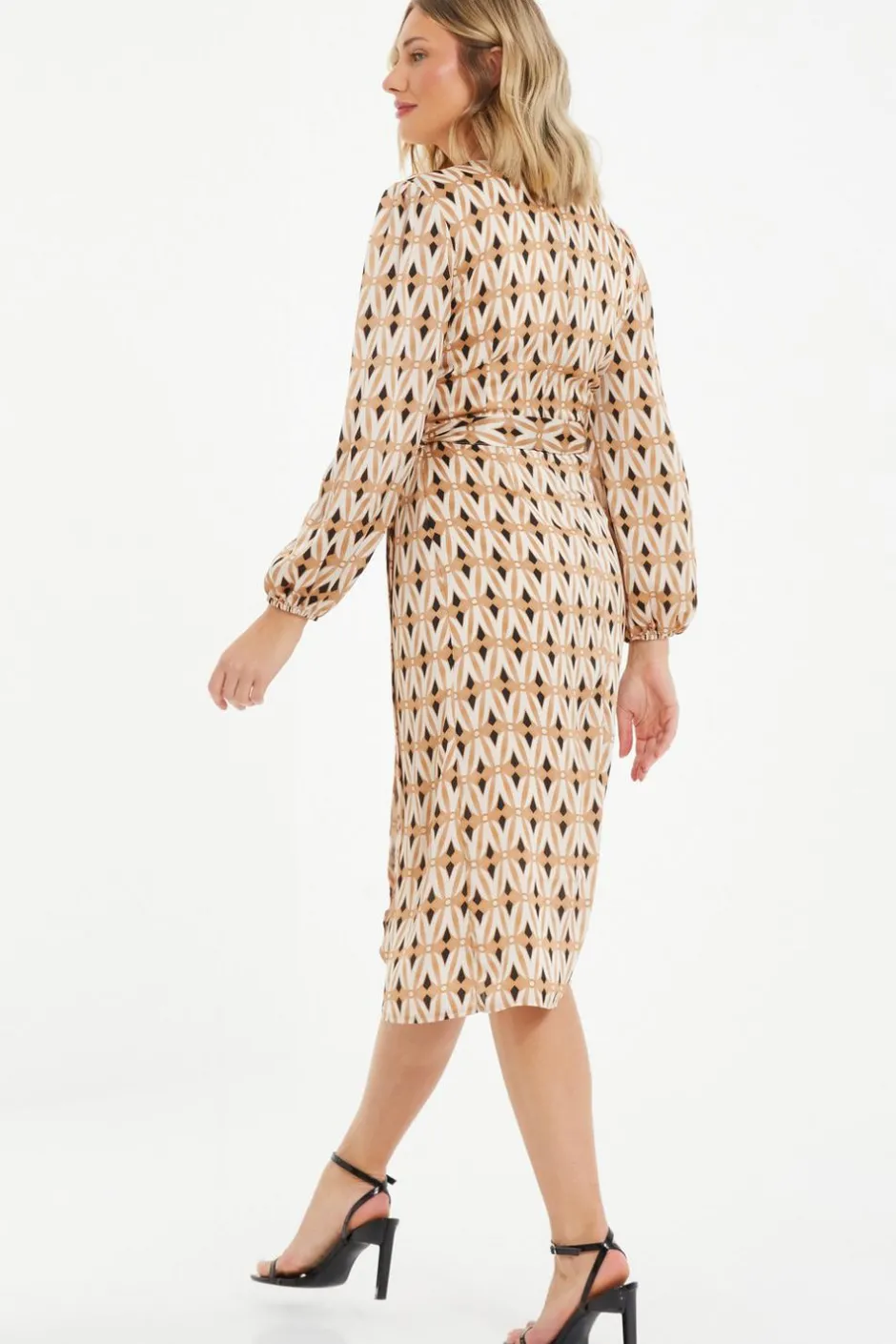 Quiz Camel Geometric Print Wrap Midi Dress New