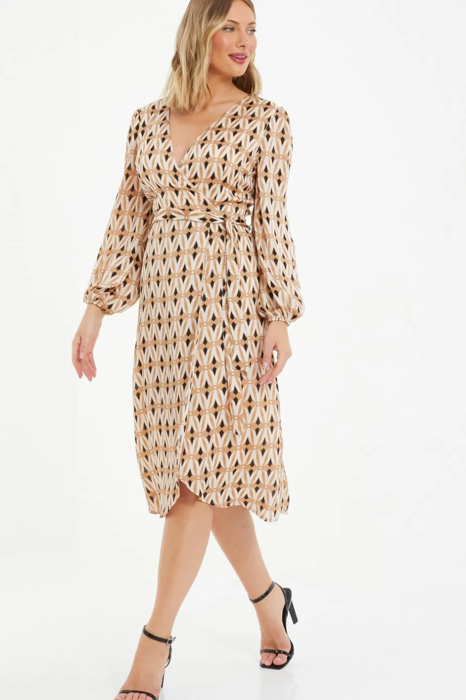 Quiz Camel Geometric Print Wrap Midi Dress New
