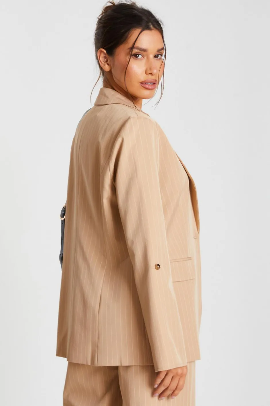 Quiz Camel Pinstripe Ruched Sleeve Blazer Sale