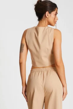 Quiz Camel Pinstripe Waistcoat Sale