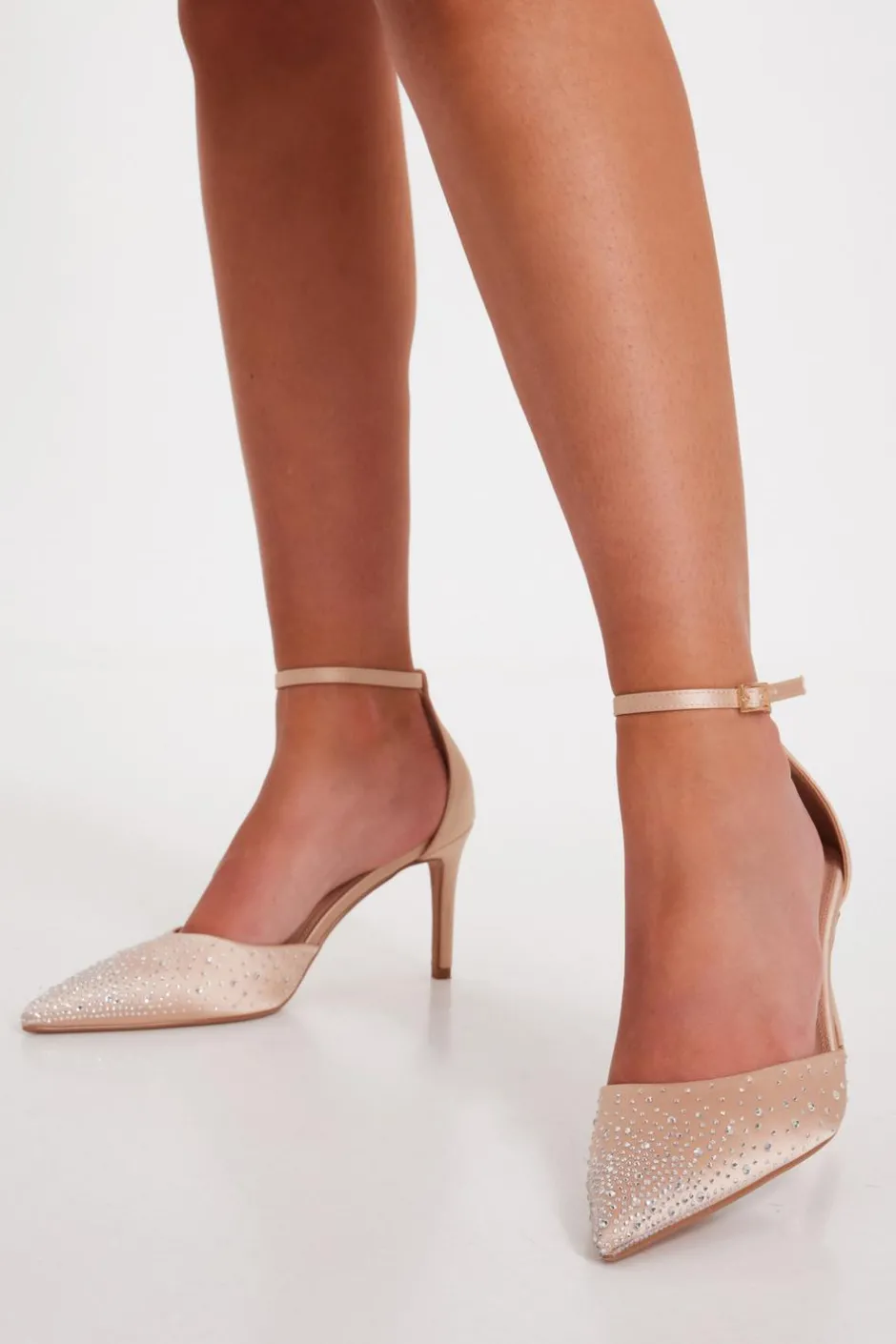 Quiz Satin Diamante Court Heels Champagne Outlet