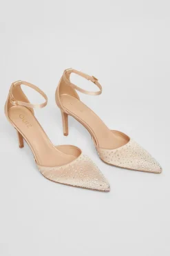 Quiz Satin Diamante Court Heels Champagne Outlet