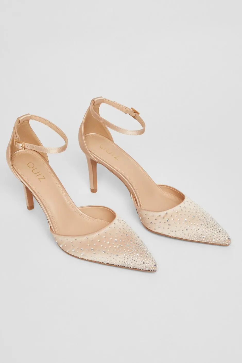 Quiz Satin Diamante Court Heels Champagne Outlet