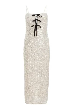 Quiz Champagne Sequin Bow Front Midaxi Dress Clearance