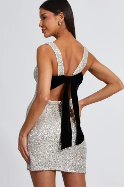 Quiz Champagne Sequin Bow Mini Dress Online