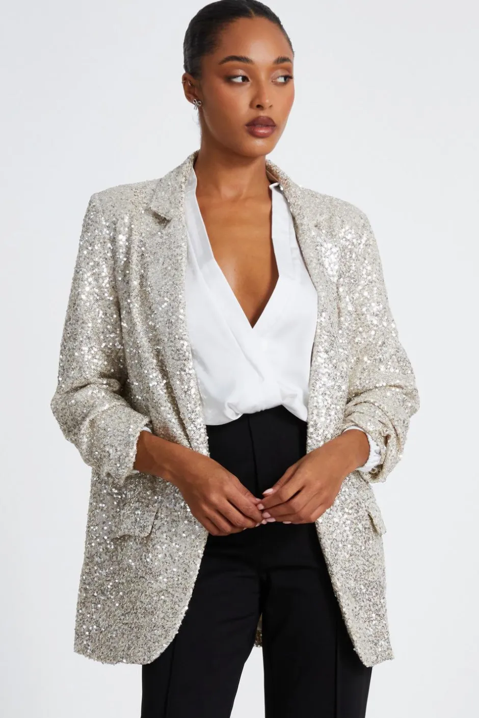 Quiz Sequin Tailored Blazer Champagne Sale