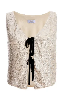 Quiz Champagne Sequin Tie Front Waistcoat New