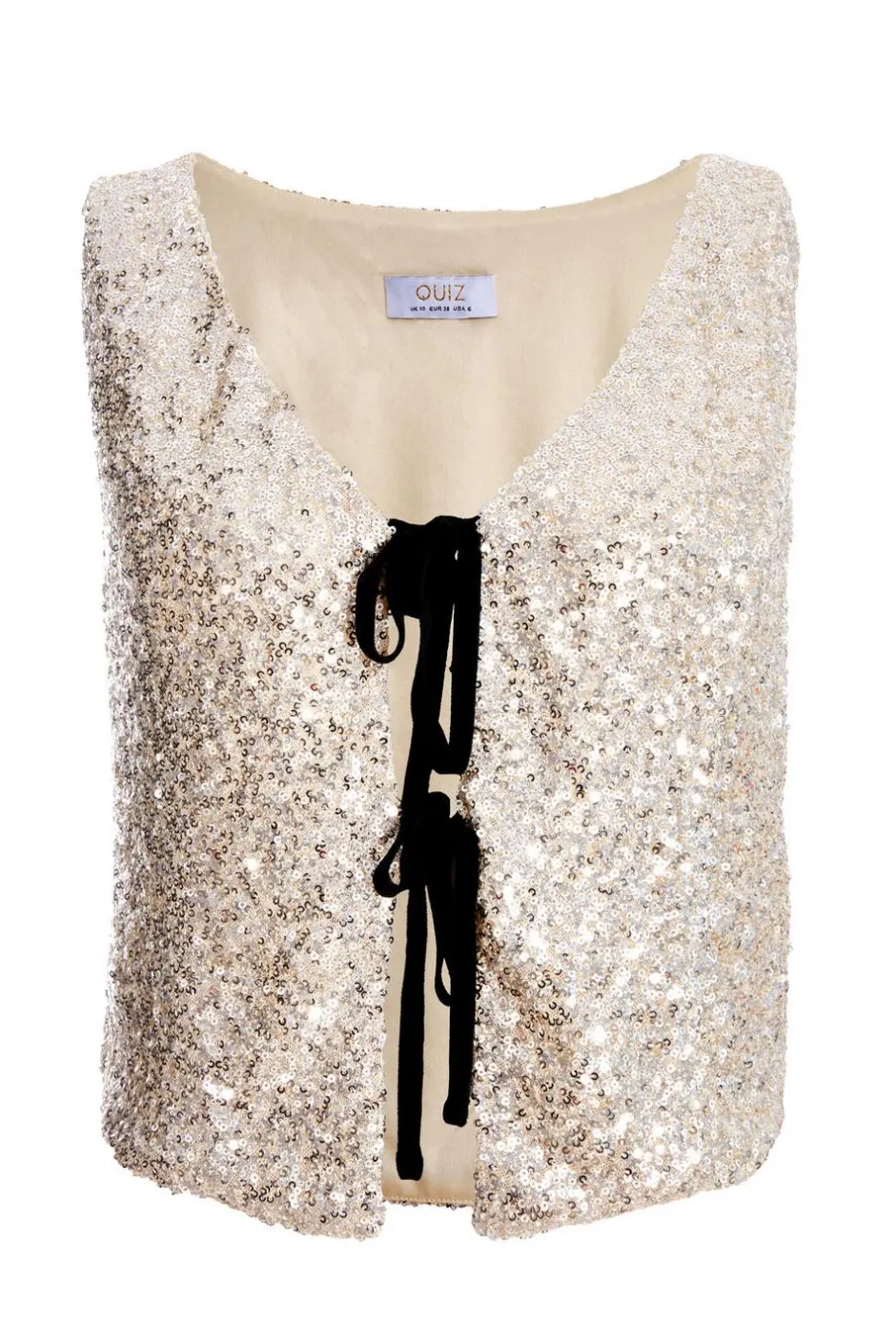 Quiz Champagne Sequin Tie Front Waistcoat New