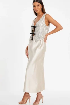 Quiz Champagne Sequin Tie Front Waistcoat New