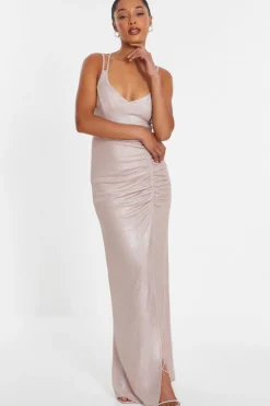 Quiz Champagne Shimmer Ruched Maxi Dress Online