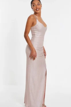 Quiz Champagne Shimmer Ruched Maxi Dress Online