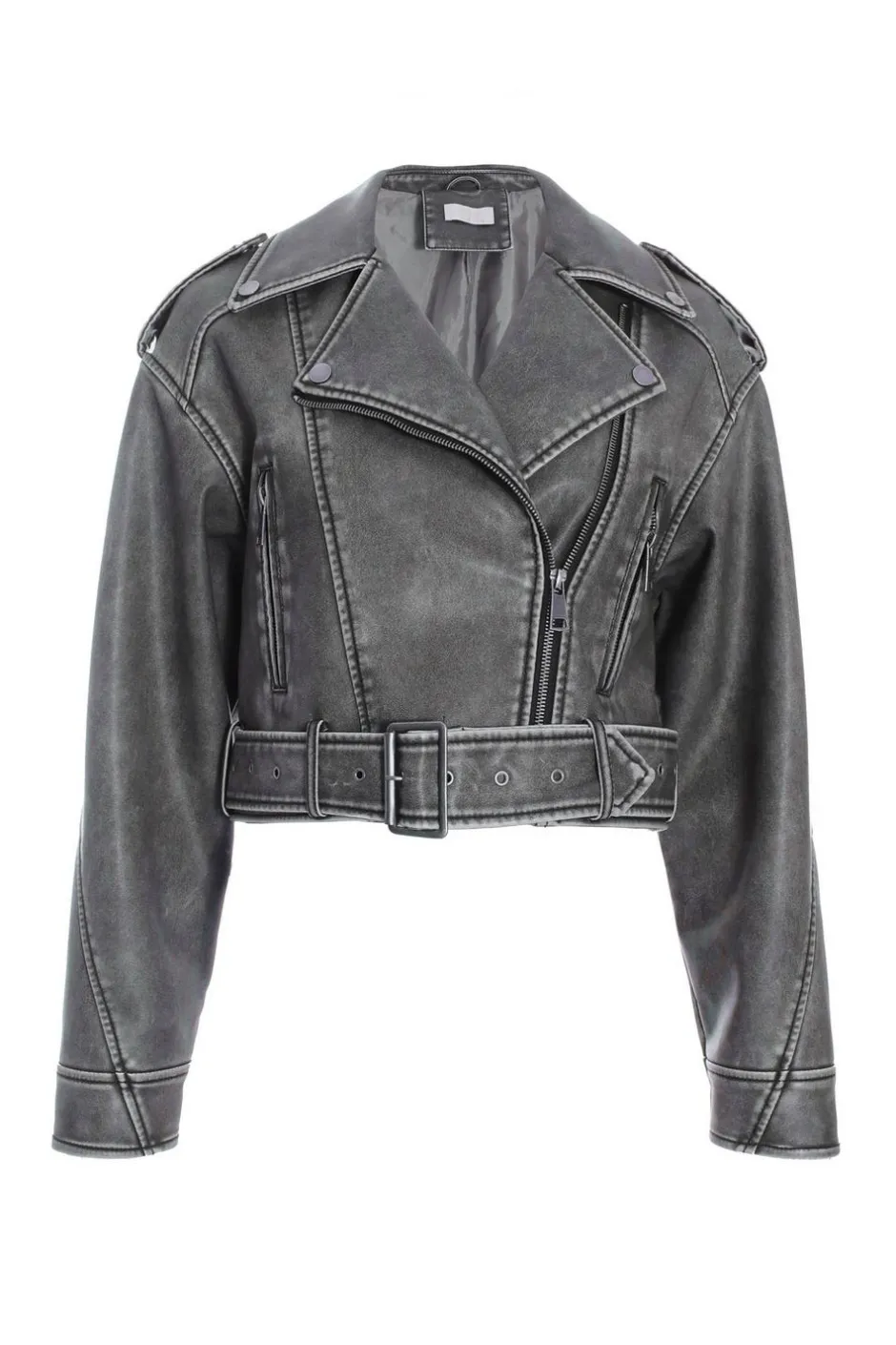 Quiz Charcoal Faux Leather Oversized Biker Jacket Clearance