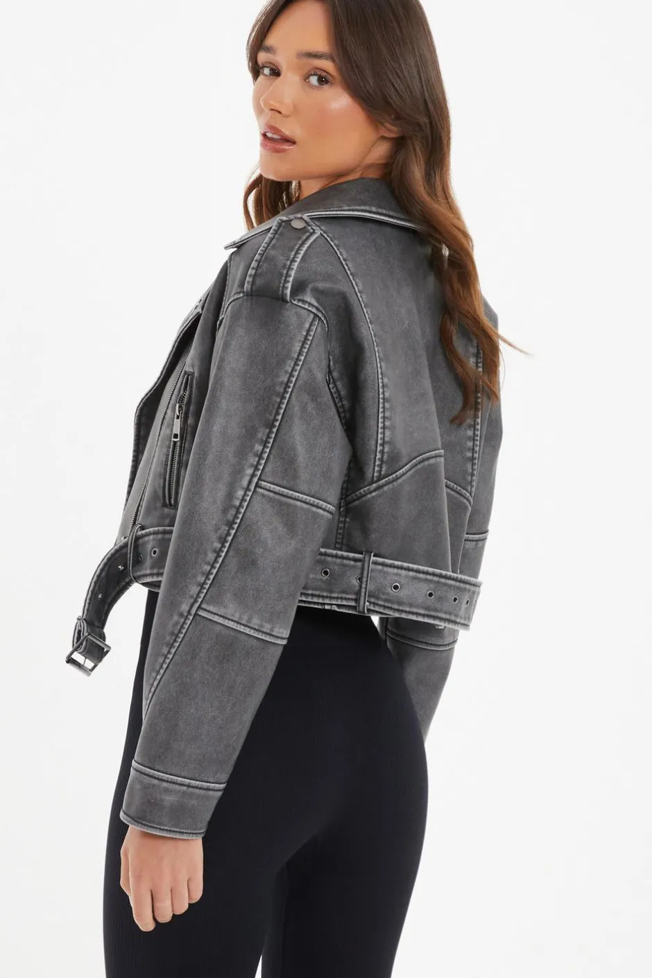 Quiz Charcoal Faux Leather Oversized Biker Jacket Clearance