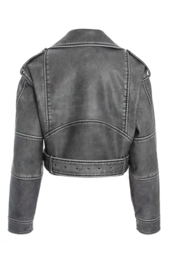 Quiz Charcoal Faux Leather Oversized Biker Jacket Clearance