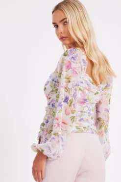 Quiz Chiffon Floral Long Sleeve Top New