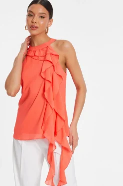 Quiz Chiffon Frill Drape Top Coral Clearance