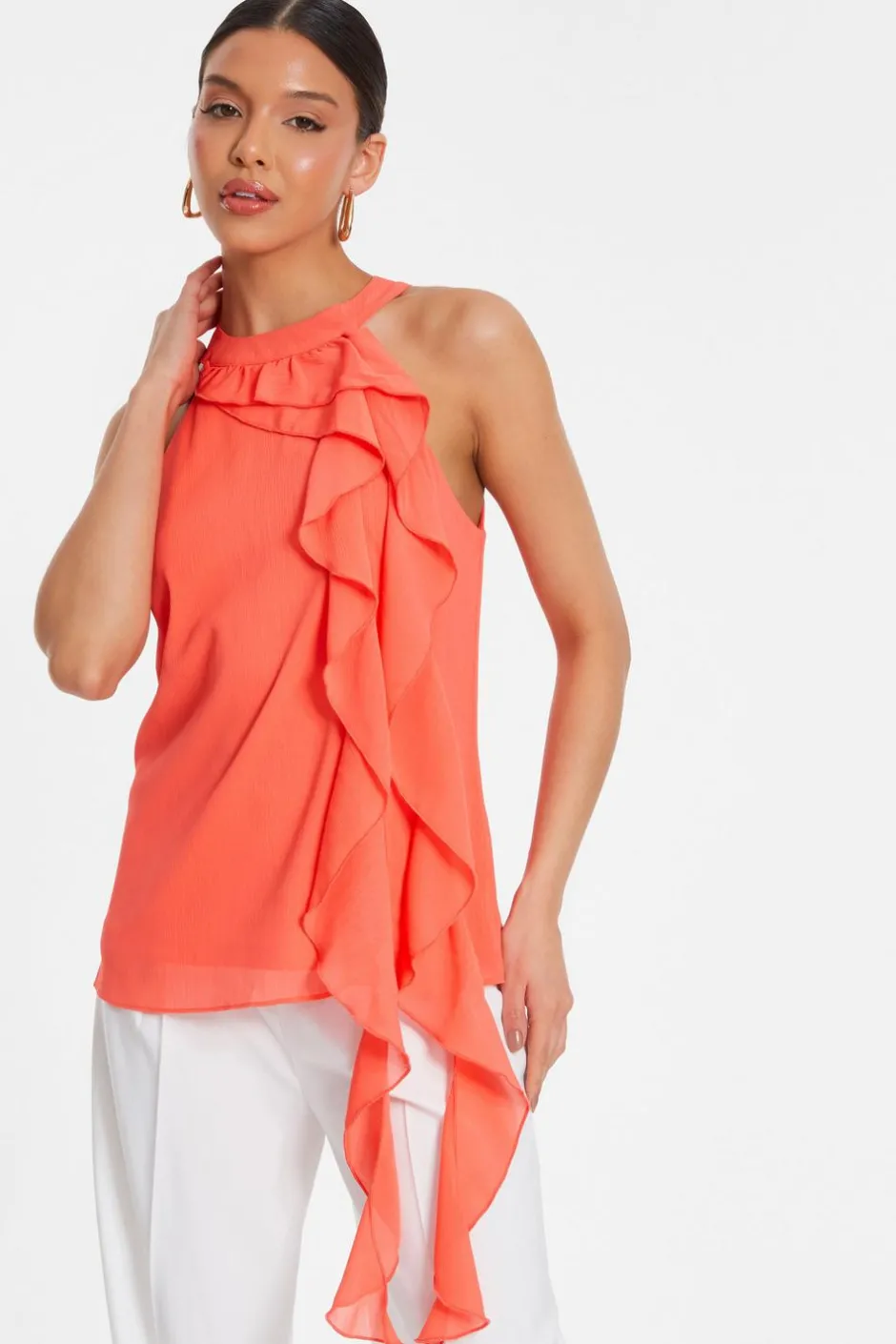 Quiz Chiffon Frill Drape Top Coral Clearance