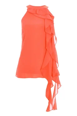 Quiz Chiffon Frill Drape Top Coral Clearance