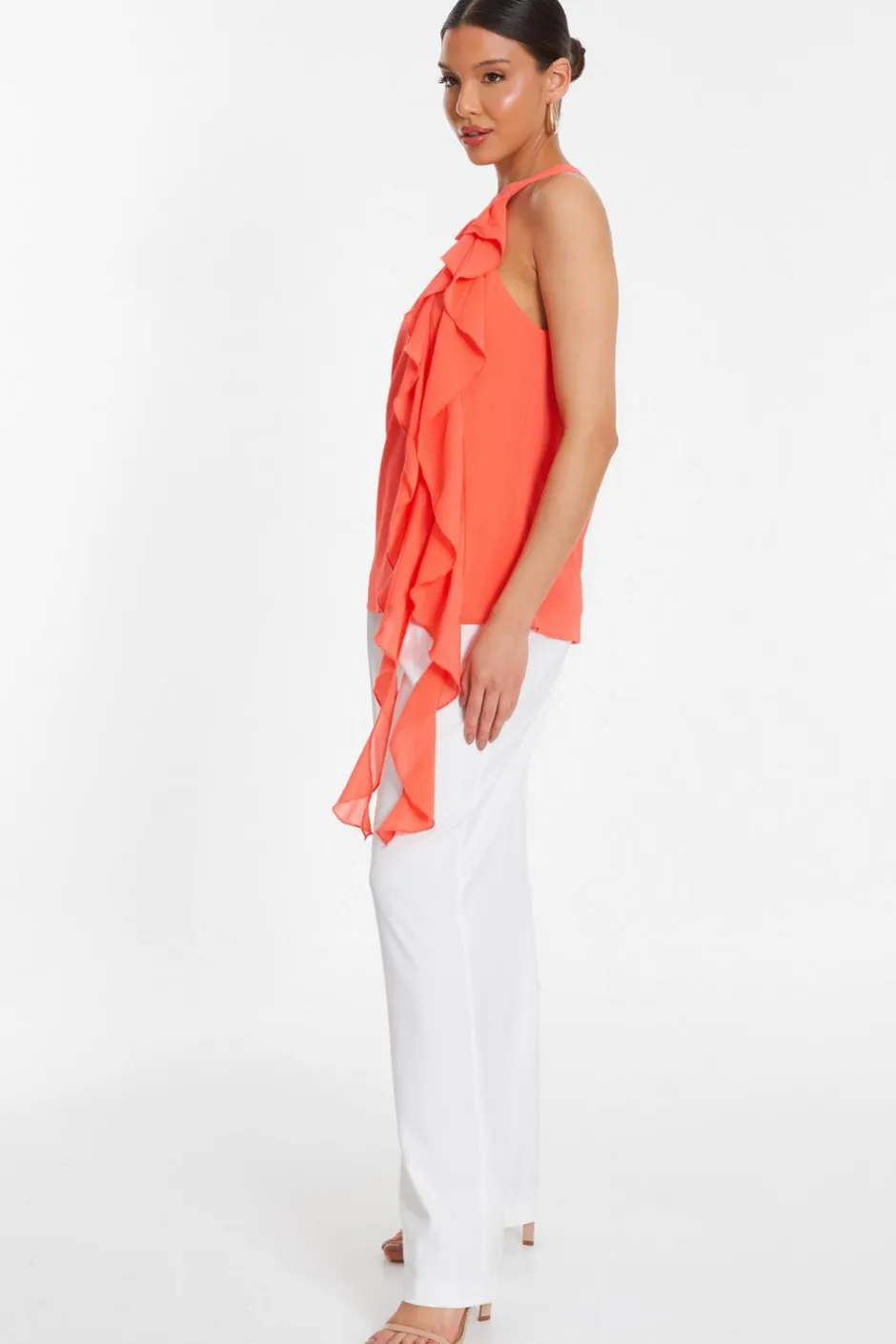 Quiz Chiffon Frill Drape Top Coral Clearance