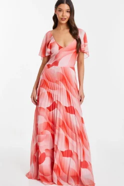 Quiz Coral Chiffon Pleated Maxi Dress New