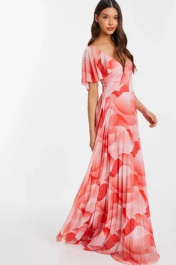 Quiz Coral Chiffon Pleated Maxi Dress New