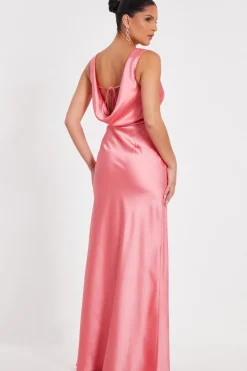 Quiz Satin Cowl Back Maxi Dress Coral Outlet