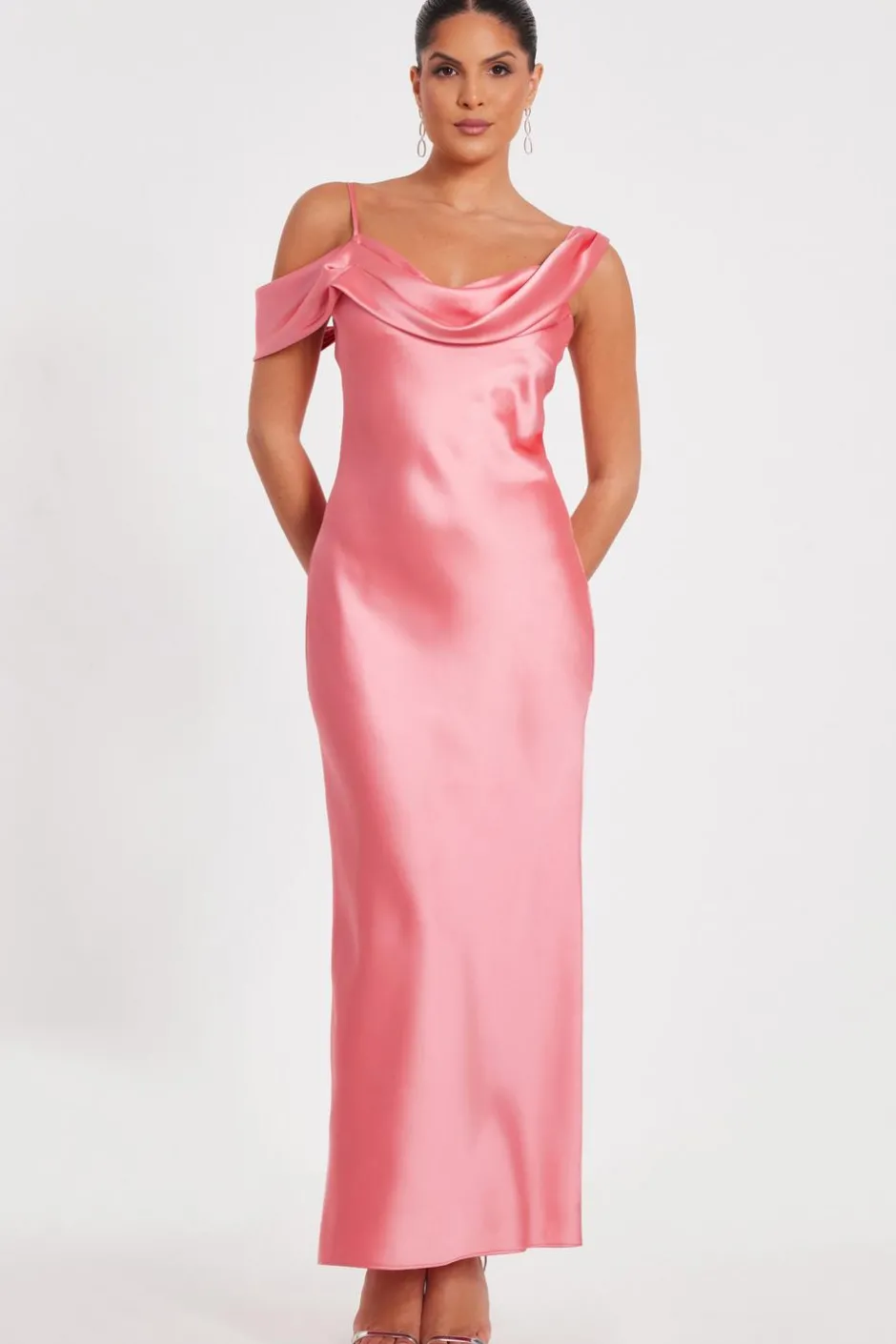 Quiz Satin Drop Shoulder Maxi Dress Coral Hot