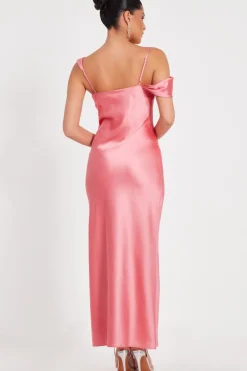 Quiz Satin Drop Shoulder Maxi Dress Coral Hot