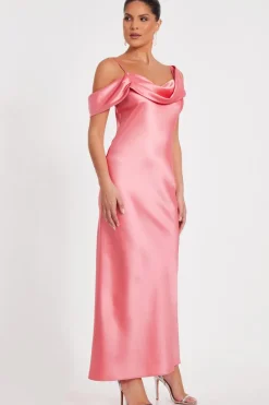 Quiz Satin Drop Shoulder Maxi Dress Coral Hot