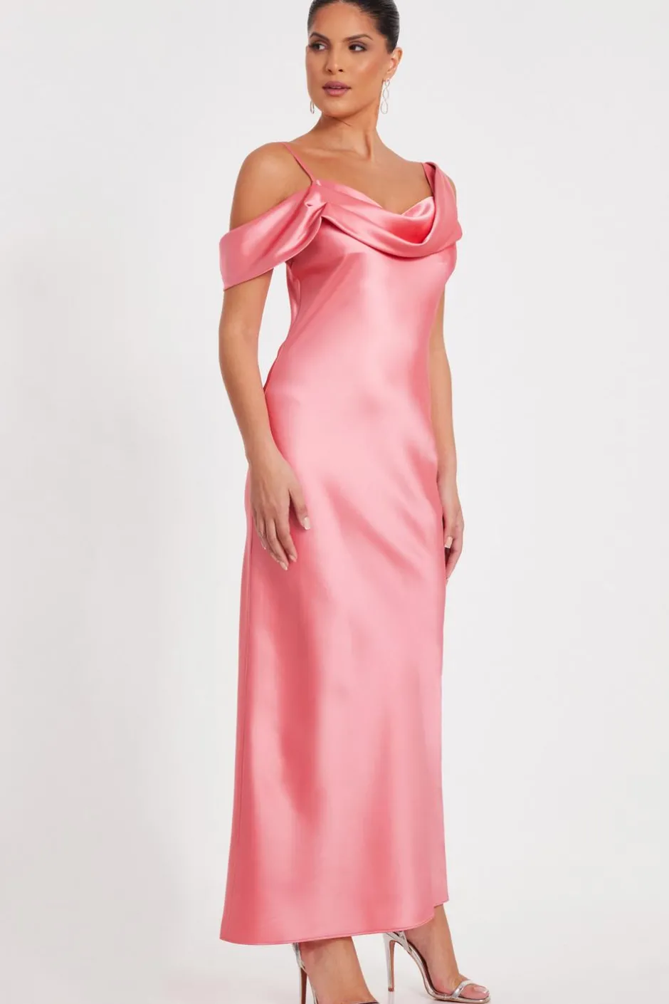 Quiz Satin Drop Shoulder Maxi Dress Coral Hot