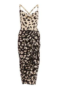 Quiz Cream Animal Print Ruched Midi Dress Clearance