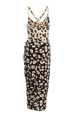 Quiz Cream Animal Print Ruched Midi Dress Clearance