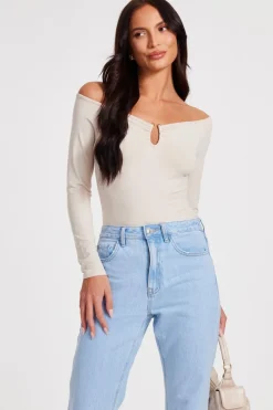 Quiz Cream Bardot Bodysuit Clearance