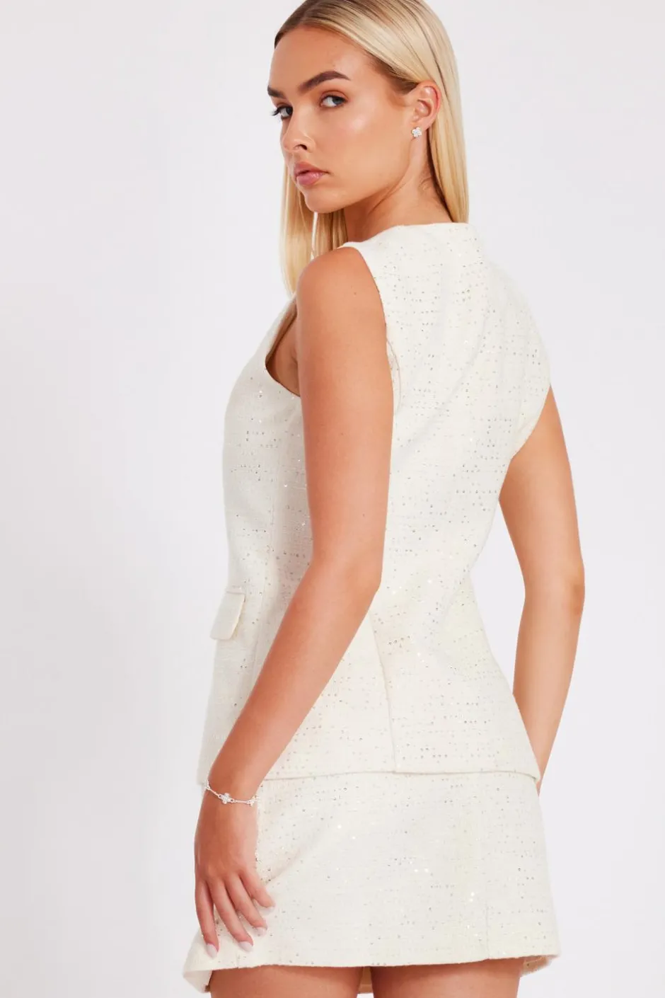 Quiz Boucle Sequin Mini Skirt Cream Online