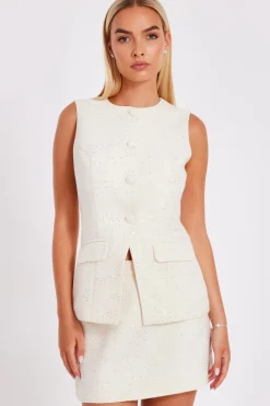 Quiz Cream Boucle Sequin Waistcoat