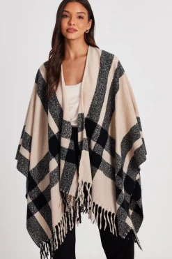 Quiz Check Print Tassel Cape Cream