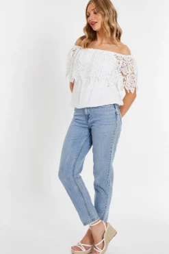 Quiz Crochet Bardot Top Cream Clearance