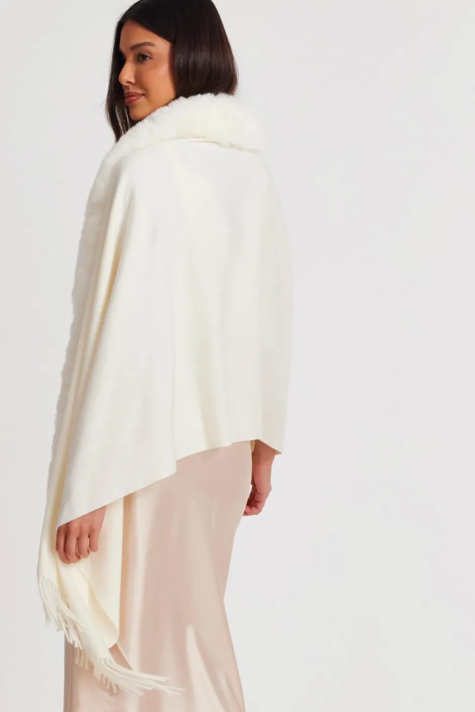 Quiz Faux Fur Trim Cape Cream Hot