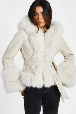 Quiz Cream Faux Leather Belted Jacket Best