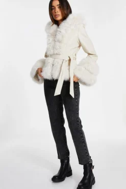 Quiz Cream Faux Leather Belted Jacket Best