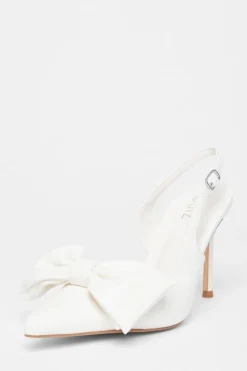 Quiz Faux Leather Bow Court Heels Cream Outlet
