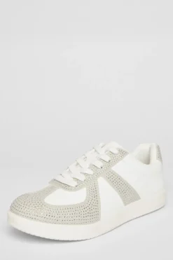 Quiz Cream Faux Leather Diamante Trainers Hot