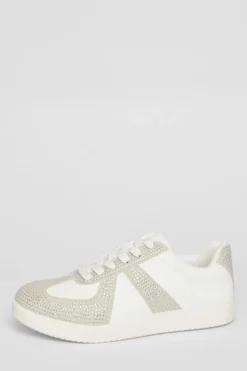 Quiz Cream Faux Leather Diamante Trainers Hot