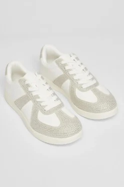 Quiz Cream Faux Leather Diamante Trainers Hot