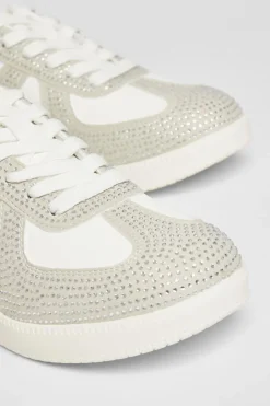 Quiz Cream Faux Leather Diamante Trainers Hot