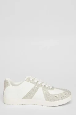 Quiz Cream Faux Leather Diamante Trainers Hot