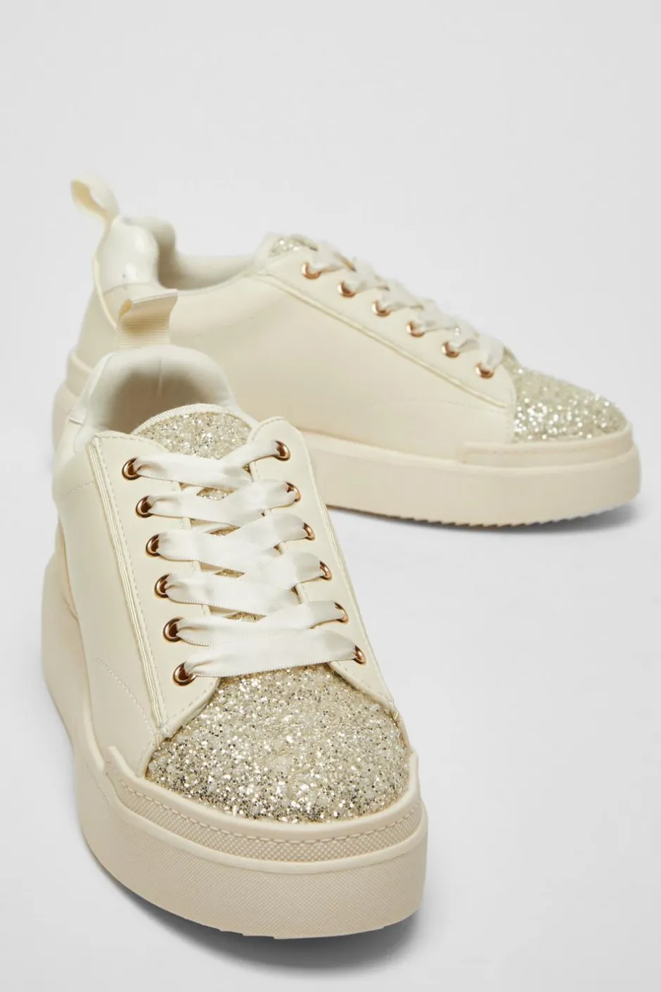 Quiz Cream Faux Leather Glitter Trainers Sale